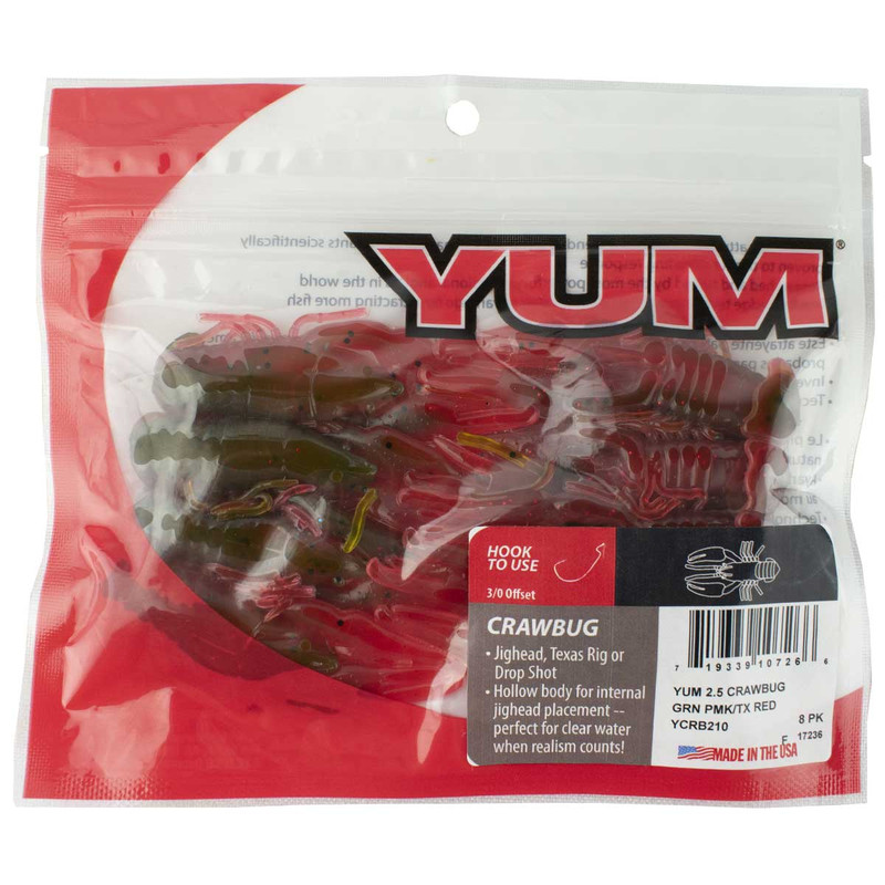 YUM Craw Bug Fishing Lure - 2.5 Inches 8 Count in Green Pumpkin Texas Red